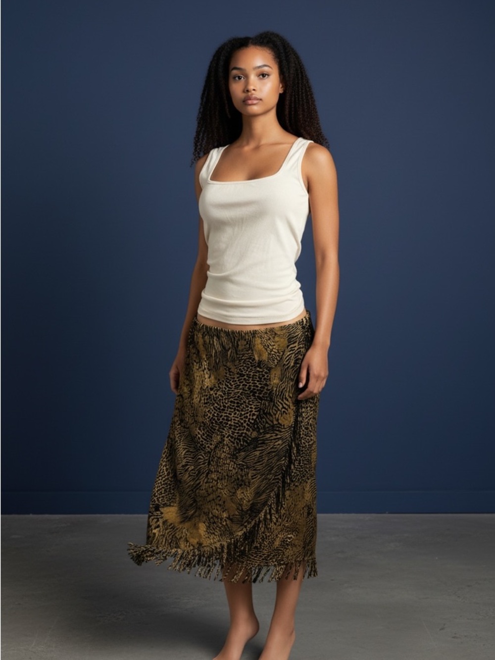 Choices Vintage Black and Golden Brown Animal Print Fringe Skirt